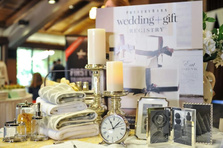 Wedding registry table with gifts and flowers, representing thouWedding registry table with gifts and flowers, representing thoughtful gift registry ideasghtful gift registry ideas