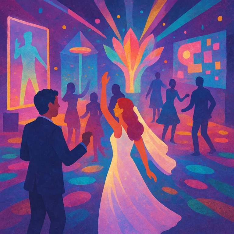 Stylized illustration of wedding guests enjoying interactive entertainment on a colorful dance floor with digital holograms and art installations – immersive wedding entertainment concept